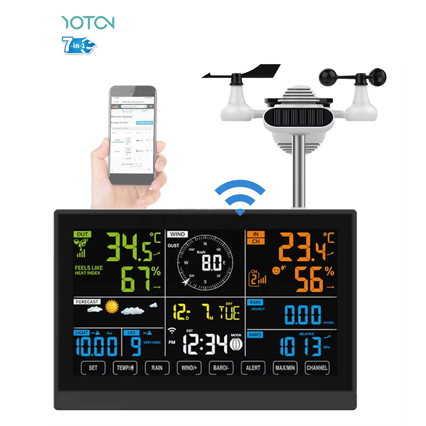 Termómetro Digital colorido 7 en 1 para uso doméstico, estación meteorológica exterior, instrumentos de temperatura, Monitor de humedad, higrómetro