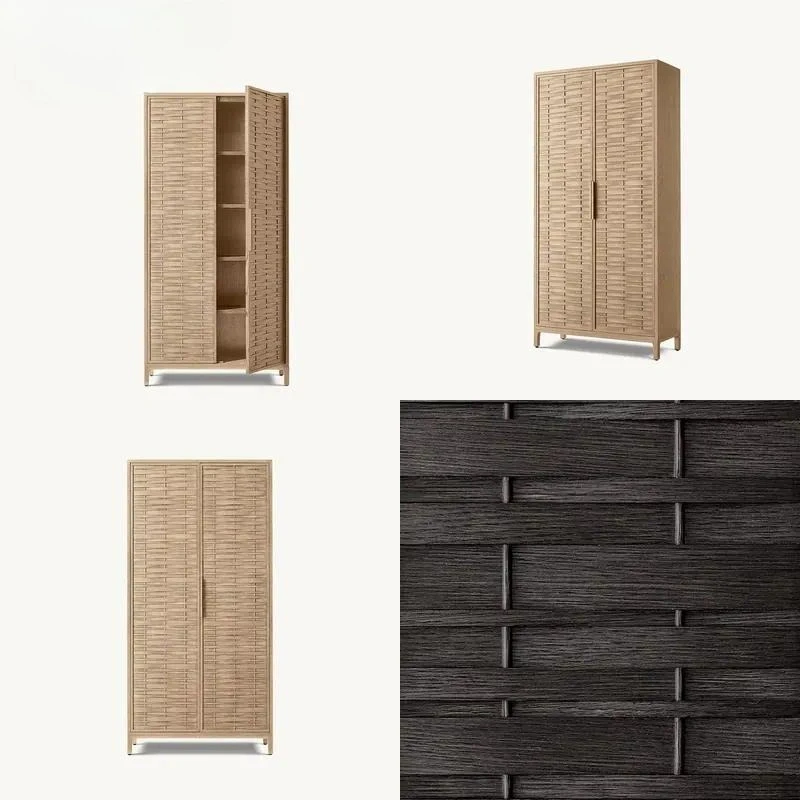 Elegant modern natural oak woven lattice two door high cabinet locker with integrated handle, suitable for living room and