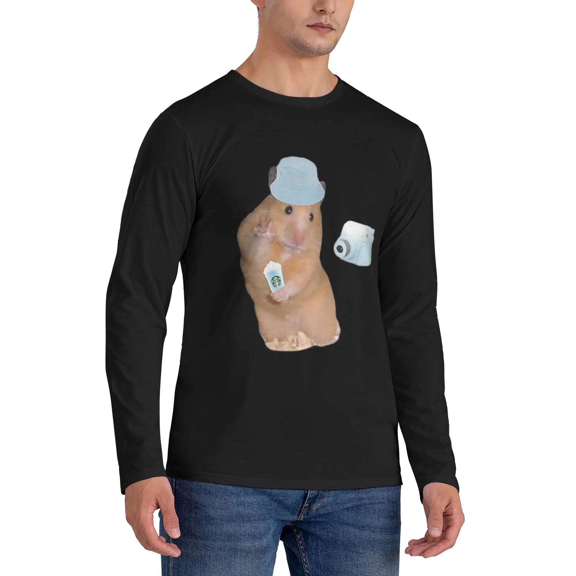 

Peace sign hamster meme with camera Men's Long Sleeved T-shirt Breathable Round Neck T shirts Spring and Autumn Men tops