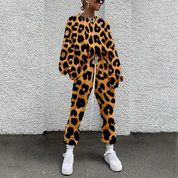 Autumn Women Two Piece Set Long Sleeve Pullover Tracksuits Spring Leopard Print Sweatshirt Jogger Pants Suit