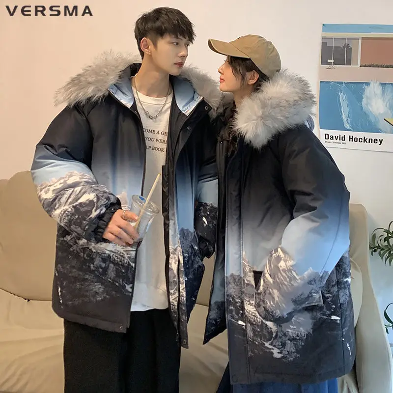 VERSMA-Veste en duvet de canard avec col en fourrure pour homme, Parkas Hip Hop, Capuche optique, Imprimé montagne de neige, Rétro, Adolescent japonais, Hiver, Dropshipping