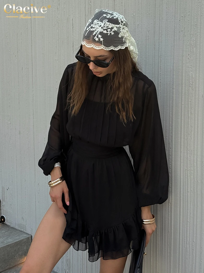 

Clacive Fashion Loose Black Women's Dress 2026 Casual Stand Collar Long Sleeve Mini Dresses Elegant Classic Pleated Female Dress