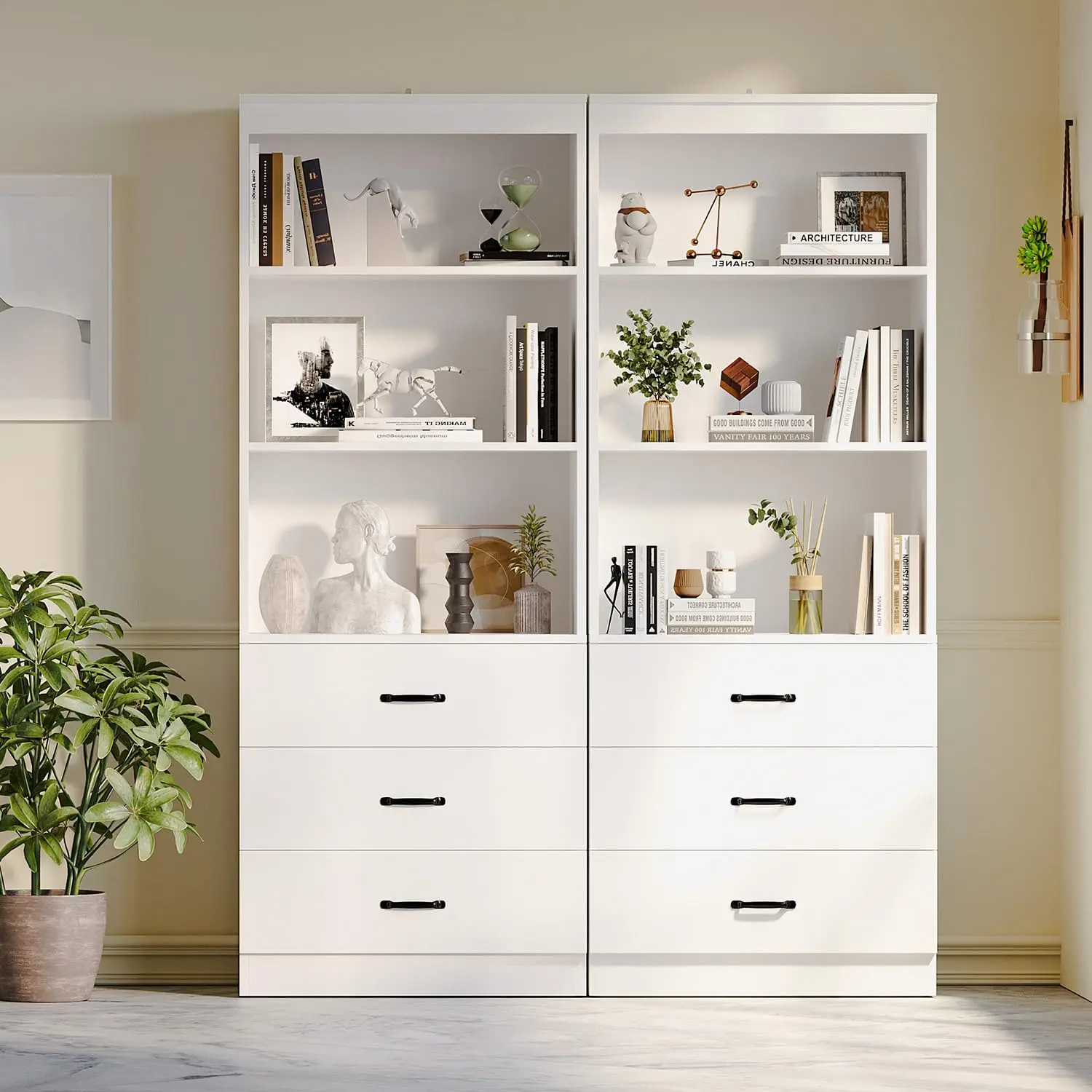 5 Tier Bookshelf with Drawers, Tall Storage Cabinet Organizer Display Shelf for Home Office Bedroom, 2 Pack, Customized