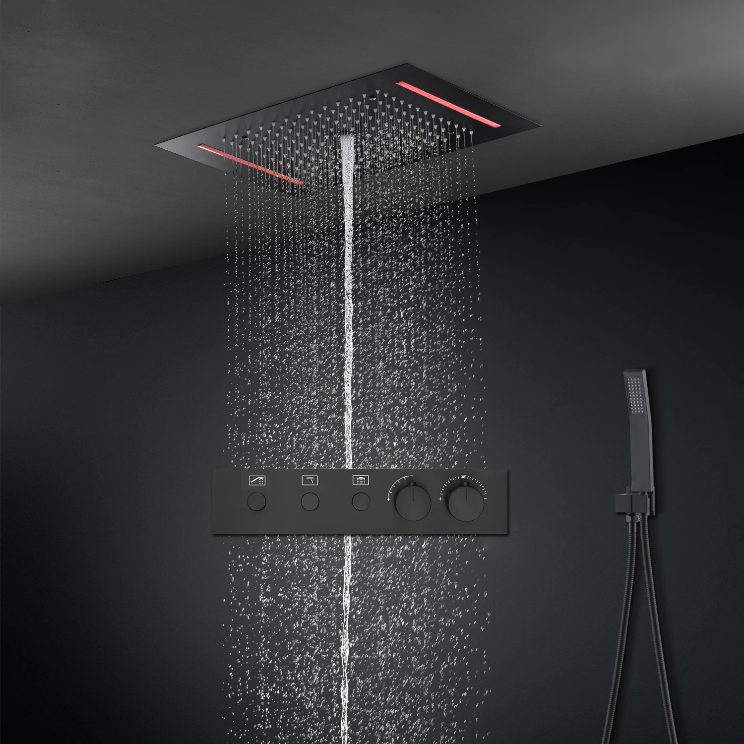 

LED Shower Rain Column Thermostatic 3 Ways Diverter Valve Bathroom Shower Set