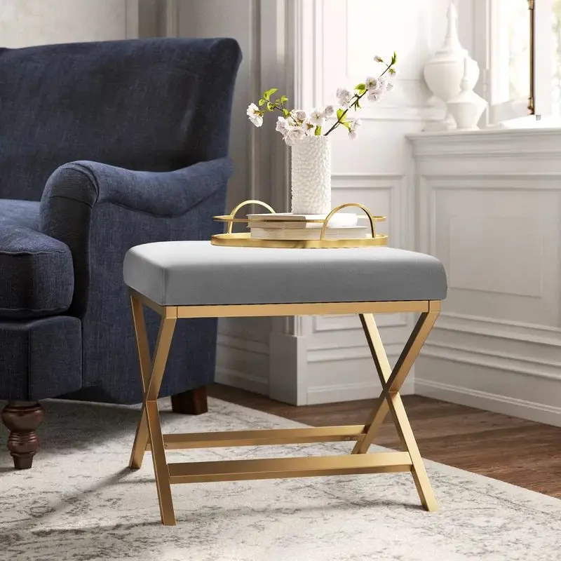 # Modern Nordic Small Chair Ottoman Stool Leather Fabric Upholstered Footstool Gold Metal Legs Ottoman Stools