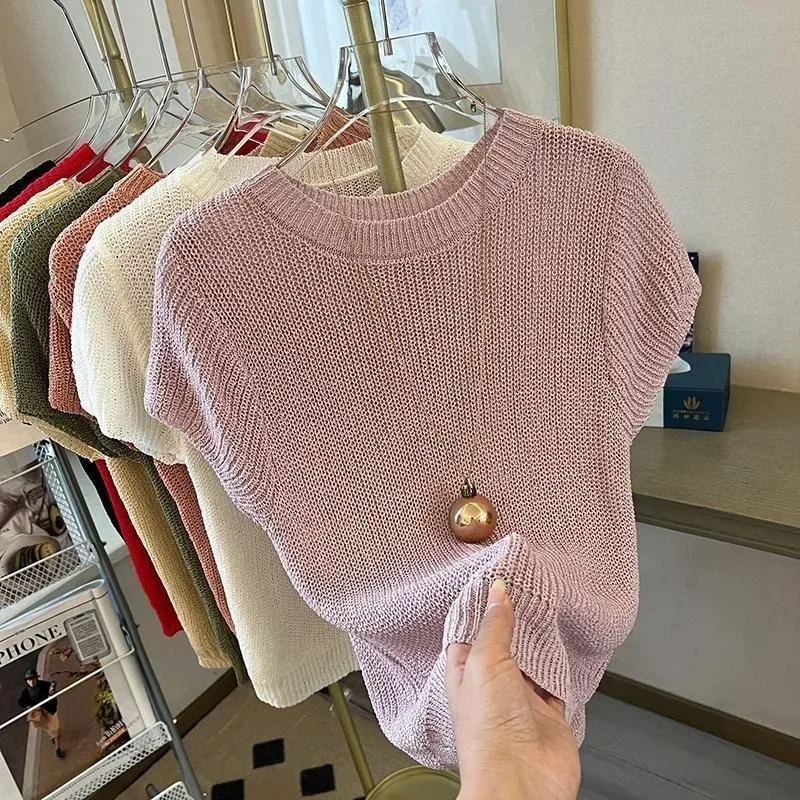 Summer Thin Ice Silk Knitted Short-sleeved T-shirt Women's 2025 New Short Sleeve Soild Color Chic All Match Breathable Top