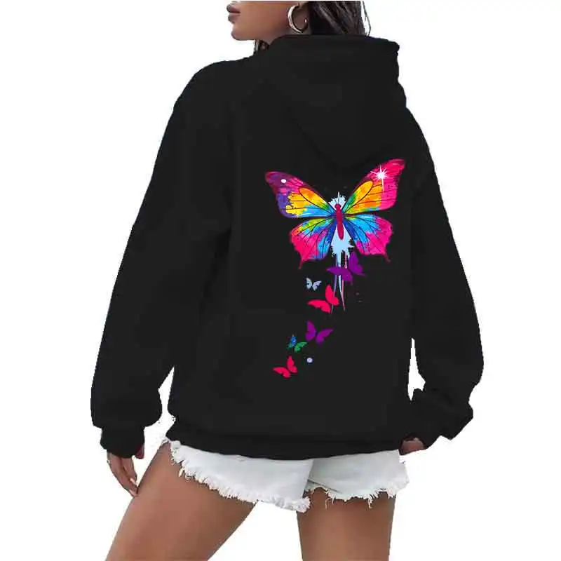 الملونة فراشة طباعة المرأة هوديي ربيع الخريف الشارع عارضة أزياء الكتف الأكمام أعلى تنوعا الاتجاه Y2K الملابس