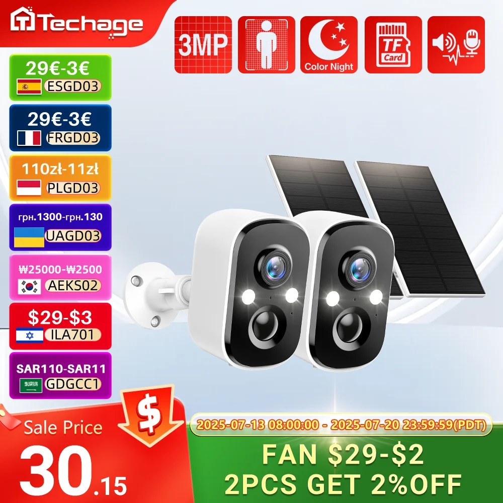 

Techage 3MP Wireless Solar Battery IP Camera Outdoor Security WiFi PIR Camera Two Way Audio Human Detection Support Alex