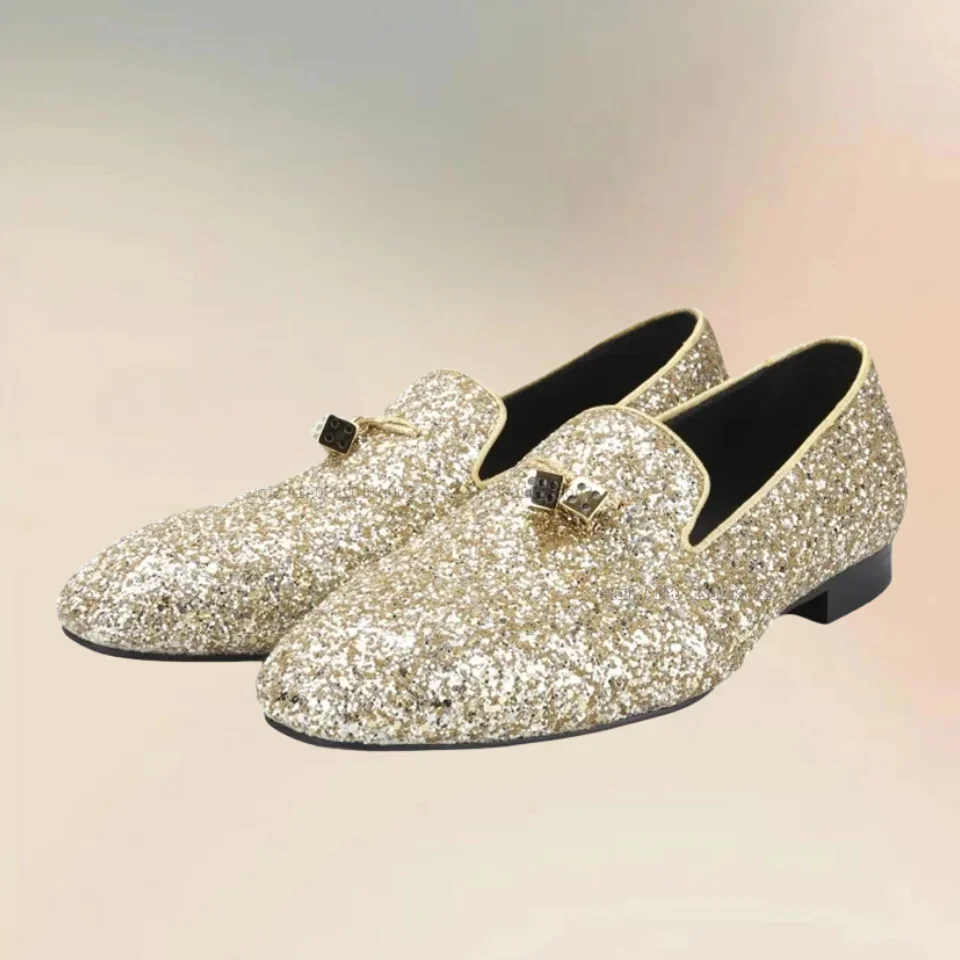 

Silver Giltter Metal Dice Decor Sequined Men Loafers Fashion Comfort Slip On Men Shoes Handmade Low Top Party Feast Casual Shoes
