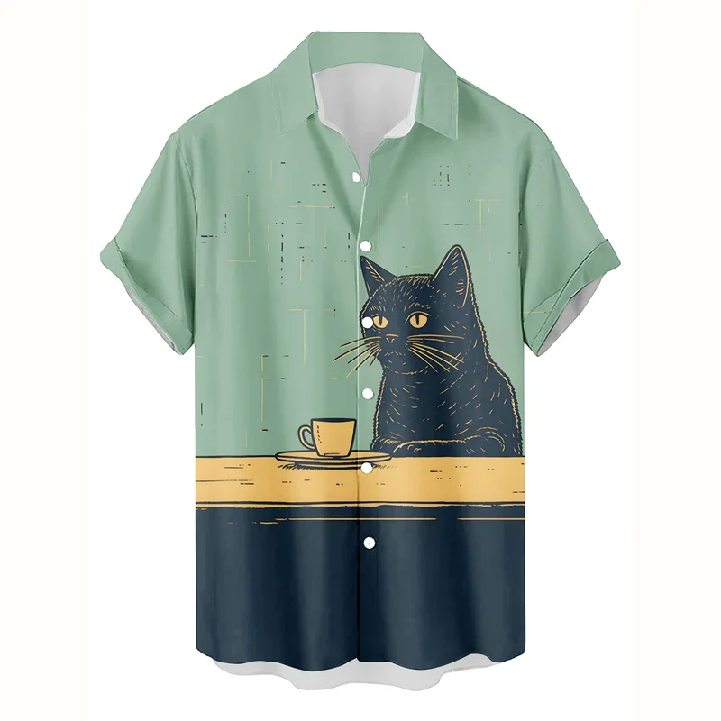 Koszula hawajska męska z nadrukiem 3D zwierząt, kota, psa, świnki, krótki rękaw, nowy wzór, letnia koszula plażowa z kołnierzykiem i guzikami