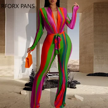 2023ผู้หญิงที่หรูหราพิมพ์ลึก V เสื้อคอยาวเข็มขัด Jumpsuit เซ็กซี่ Jumpsuit