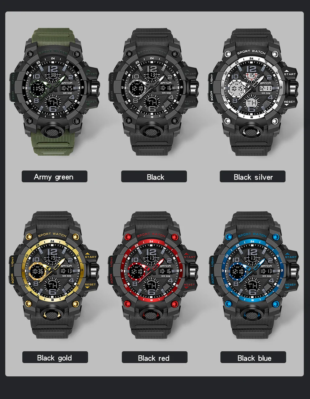 SANDA Military G Style ساعات رياضية للرجال شاشة مزدوجة إلكترونية مقاومة للماء LED مضيئة في الهواء الطلق ساعة رجالية عادية #6