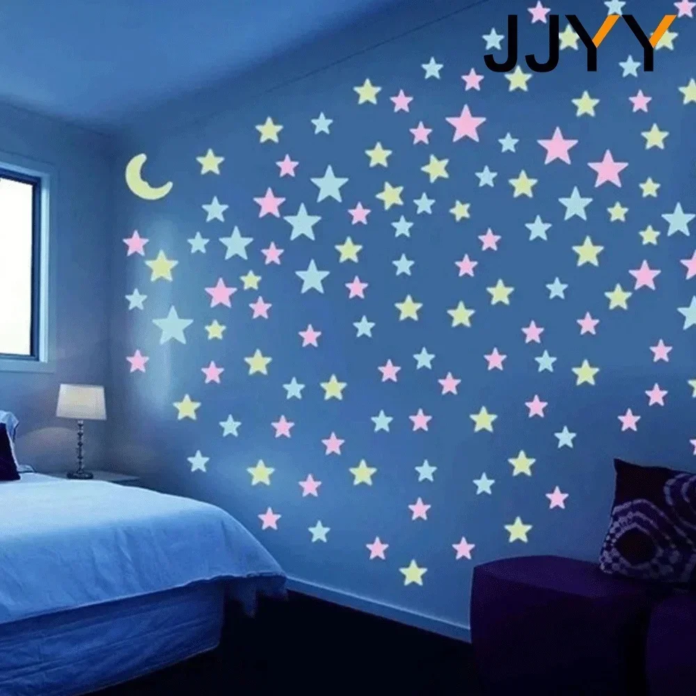 100Pcs Stars and The Moon Luminous Stickers Fluorescent Stickers Dormitory Home Childrens Room Decoration DIY  Wall Stickers