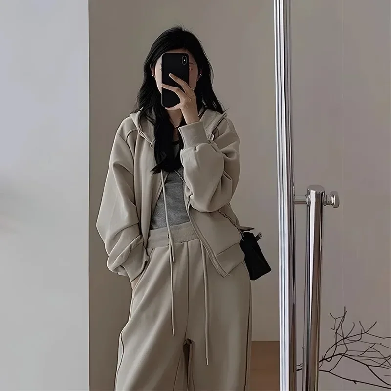 

Autumn Winter New Solid Oversized Loose Women's Hoodie And Sweatpants Two Piece Set Korean Fashion Y2k Zip Up Hoodie Sweatshirts