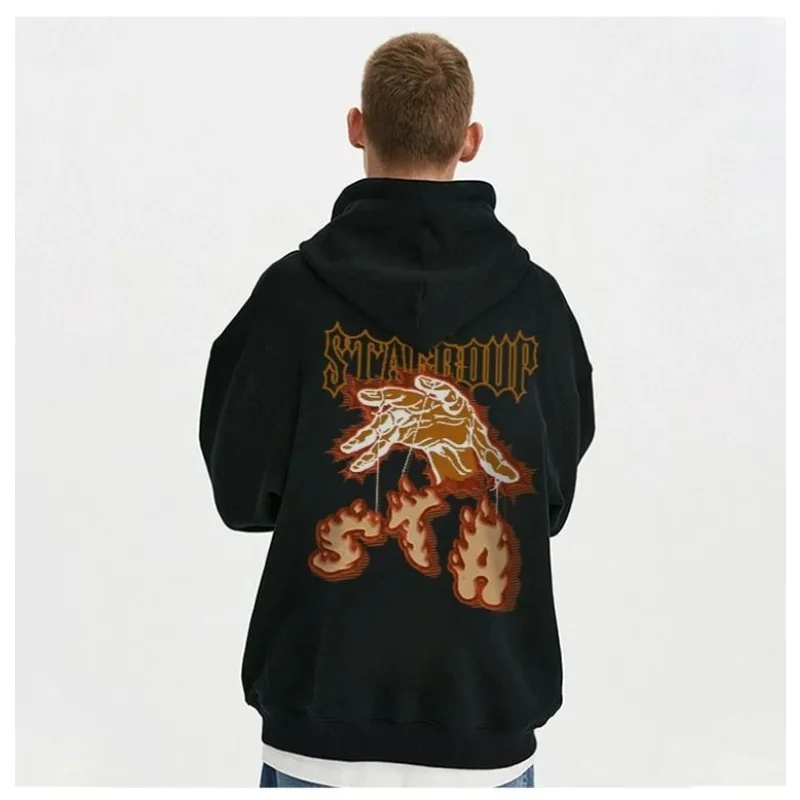 

Finger Pull Flame Print Men's and Women's Cotton Hoodies Without Drawstring Loose Warm Sweater Long Sleeve Fleece Jumper