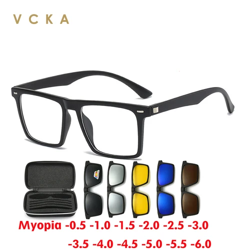 VCKA-gafas graduadas para miopía para hombre y mujer, lentes cuadradas ópticas Retro, gafas de sol con Clip magnético polarizado, 0,5 ~-10