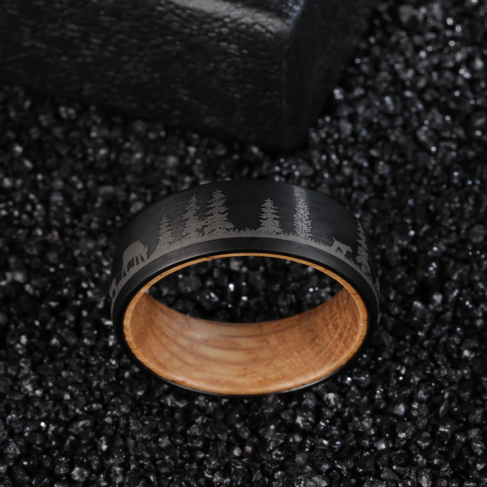 Custom Ring for Men 8mm Width Black Plating Tungsten Carbide Band with Wood Deer Cow Tree Laser Engrave for Hunting 7-12