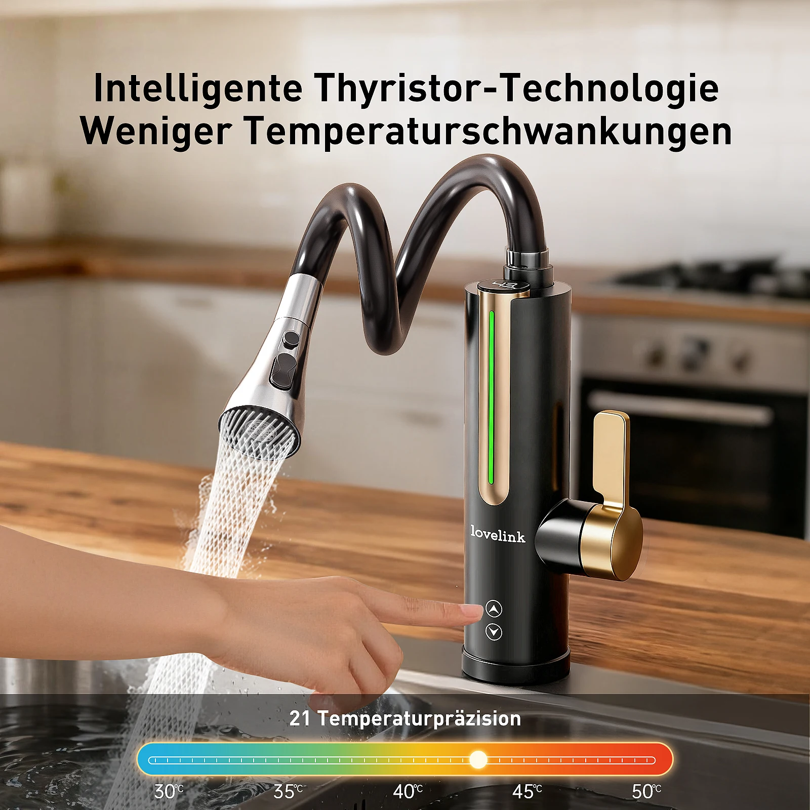 

Lovelink faucet with instantaneous water heater with 360 ° flexible hose and color adaptive LED temperature display (black)