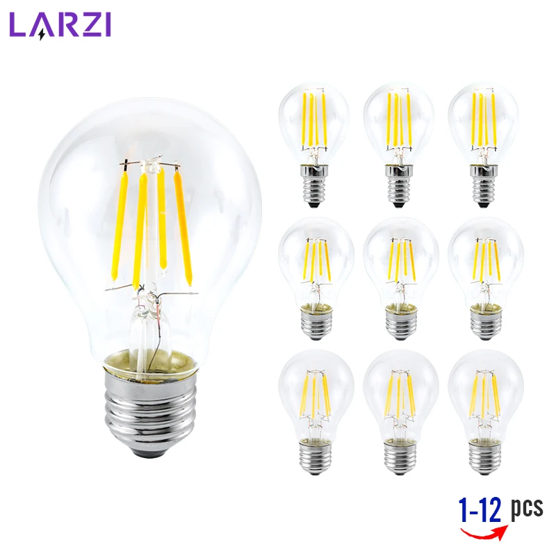 1-12pcs G45 Globe Light Bulbs A60 Glass LED Filament E27 E14 Screw Base AC 220V Retro Decorative 2W 4W 6W 8W Edison Bulb