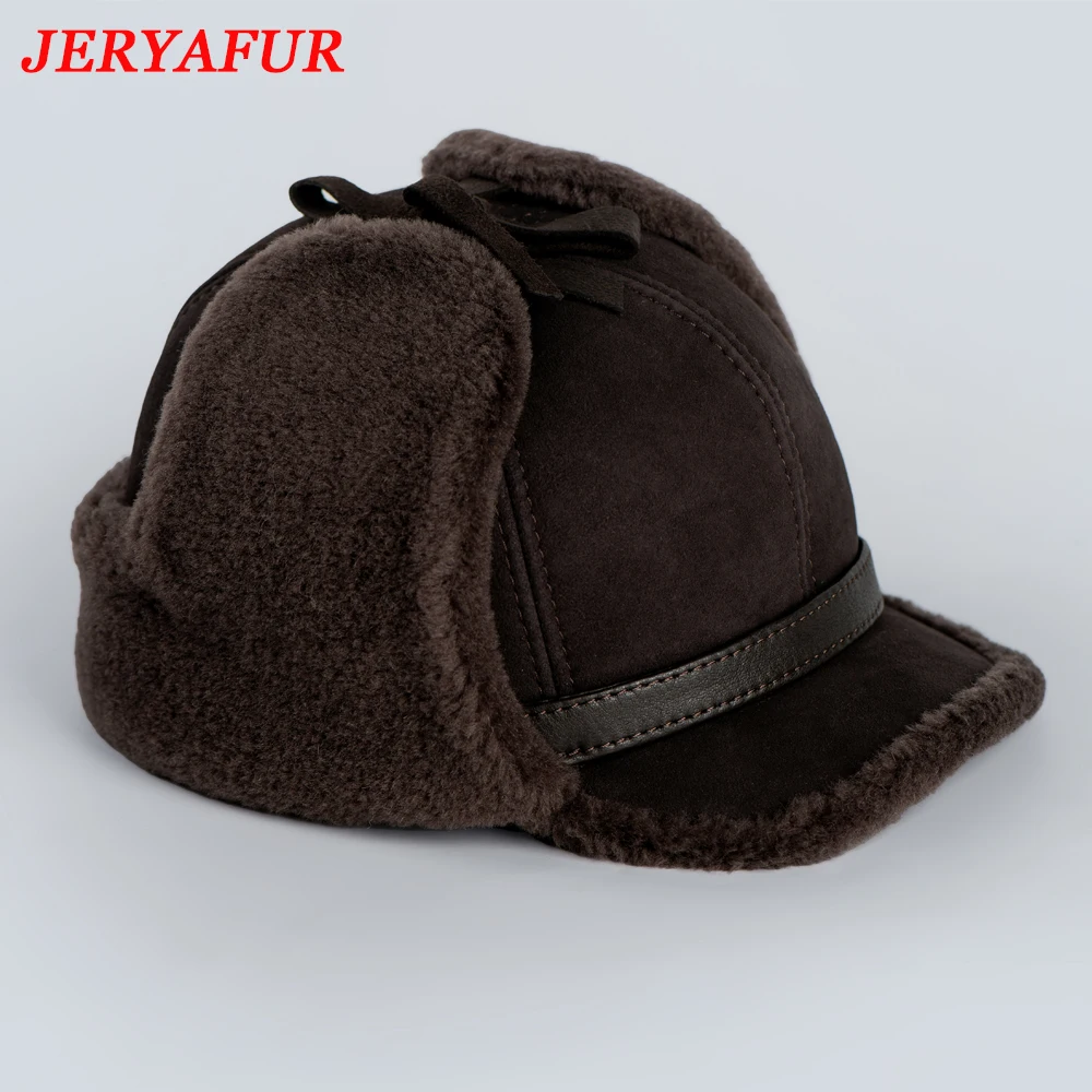 JERYAFUR High Quality 2023 Winter Leather Hat Men Fur Lamb Wool Warm Thick Earflaps Bomber Hats Men's Baseball Cap Russian Hat