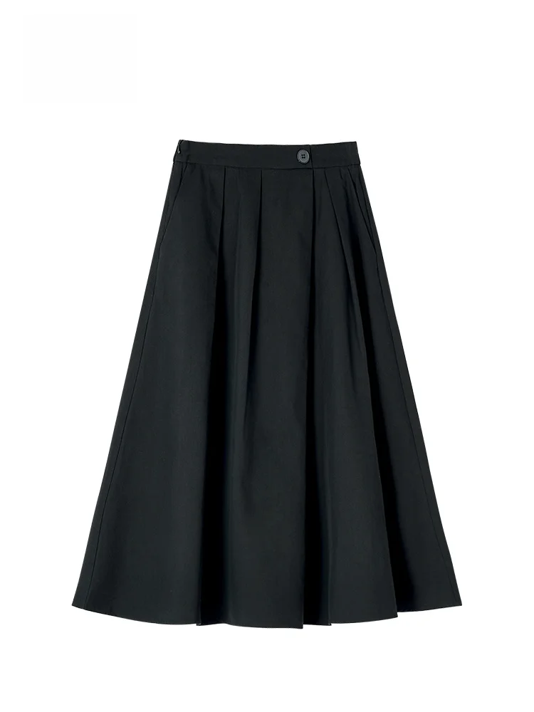 GOFAR Black High Waist A-Line Midi Skirt Women's Casual Versatile Autumn New Style Half-length Skirt Commute Style Pure Color
