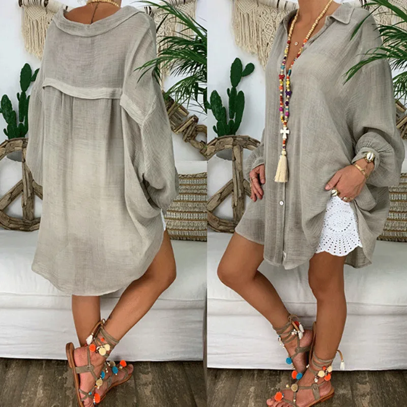 Womans Vintage Button Down Shirt Loose Casual Long Sleeve  Blouse Summer Linen Cottons Female Soid Tops Plus Size  Long Section