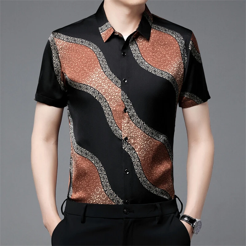 

Chinese Style Striped 3D Print Casual Short Sleeved Shirts For Men Summer Quality Soft Comfortable Silky Luxury Camisa Masculina