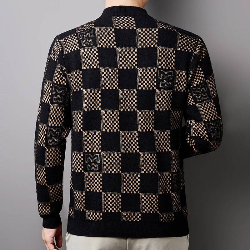 Men's Crystal Short Velvet Anti-Pilling Knit Sweater Checkerboard Jacquard Crewneck Pullover Long Sleeve Warm Soft Autumn Winter