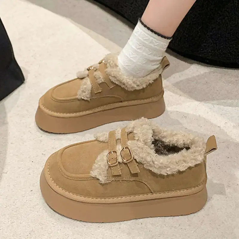 Women\'s Shoes Platform Loafers With Fur Round Toe All-Match Casual Female Sneakers Clogs Retro Slip-on New Winter Flock Solid Sl