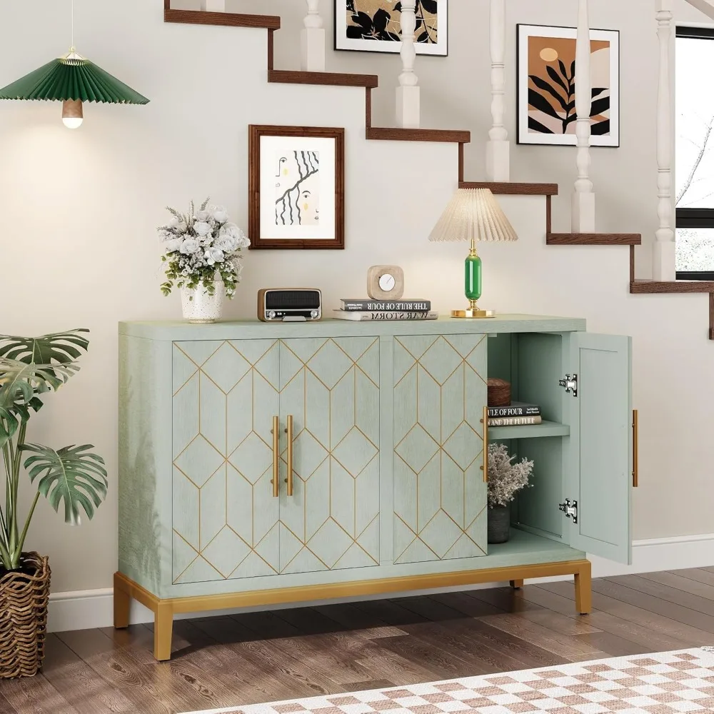 Armoire d'appoint avec 4 portes et étagères, armoire de rangement Credenza moderne avec garniture dorée, armoire de planche verte pour le salon, 48 po