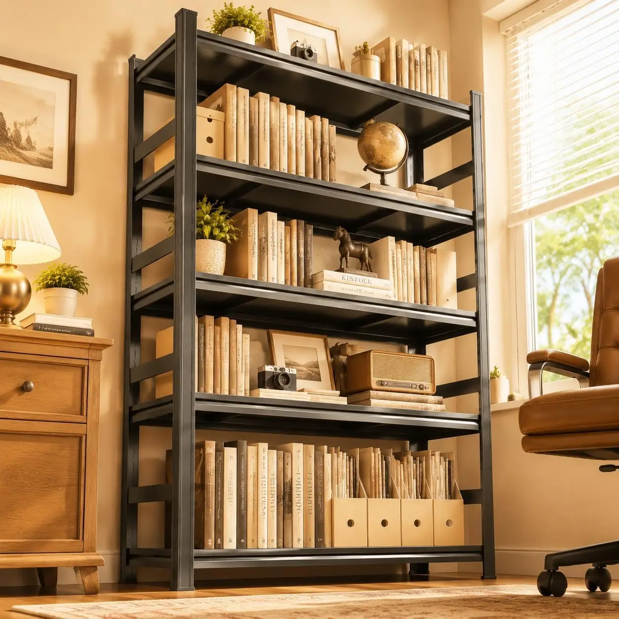 Heavy-Duty Bolt-Free Metal Bookshelf with Adjustable Shelves & Anti-Tip Anchors, 5-Tier Steel Storage Shelf Holds 150 lbs per Tier