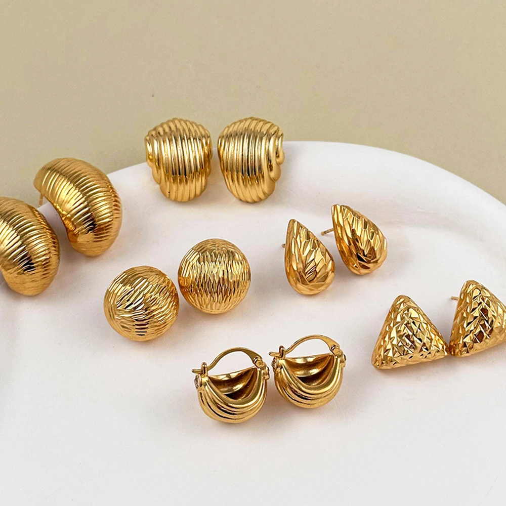 

Retro Stainless Steel Geometric Irregular Texture Hemispheres Earrings Gold Plated Waterdrop Waterproof Small Studs Ear Jewelry