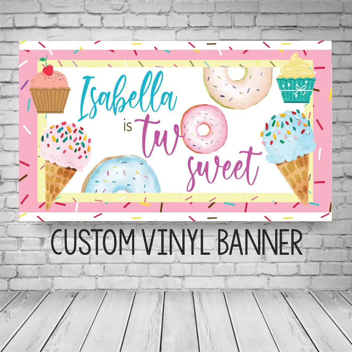 Sweets One Two Ice Cream Donut Popsicle Birthday Party Decoration Banner Backdrop Personalized for Kids 1 Year Old First Custom