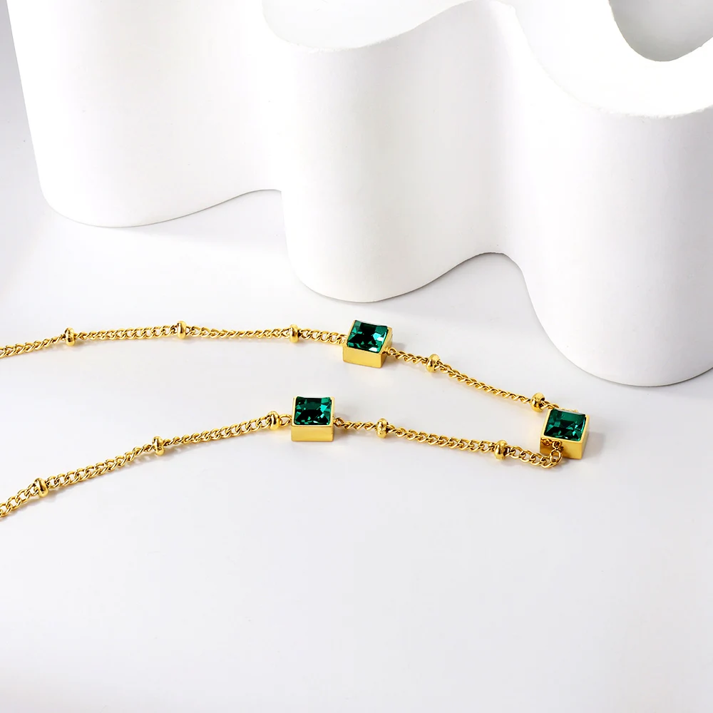 Vintage Green Stanless Steel Jewellery Pendant Necklace Cubic Zirconia Link Chain Choker Necklace Gold Plated Jewelry Gifts