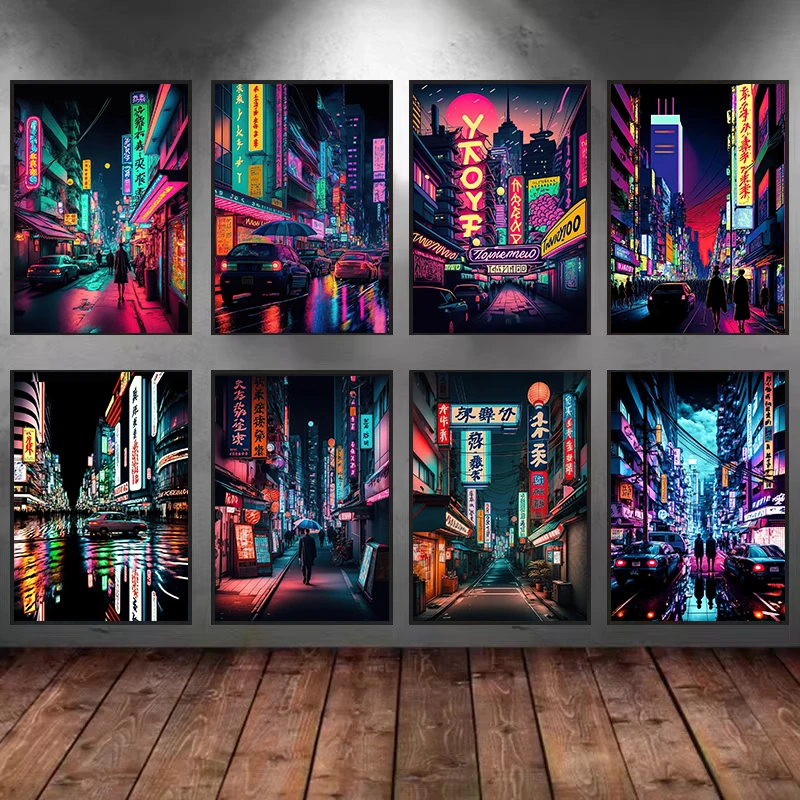 1pc Frameless Canvas Painting 80s Neon Cyberpunk Tokyo Poster Aesthetics City Tour Colorful Night Canvas Wall Art Home Office Tr