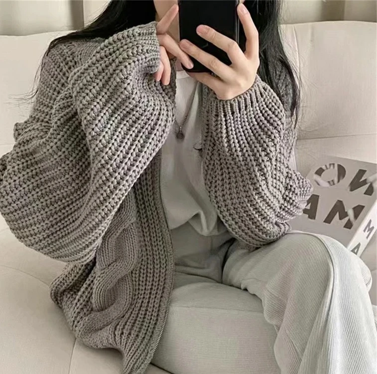

Lazy Sle Loose ort Knitted Sweater Coat Women's Small Size Vintage Twist Knitwear Spring Autumn Warm