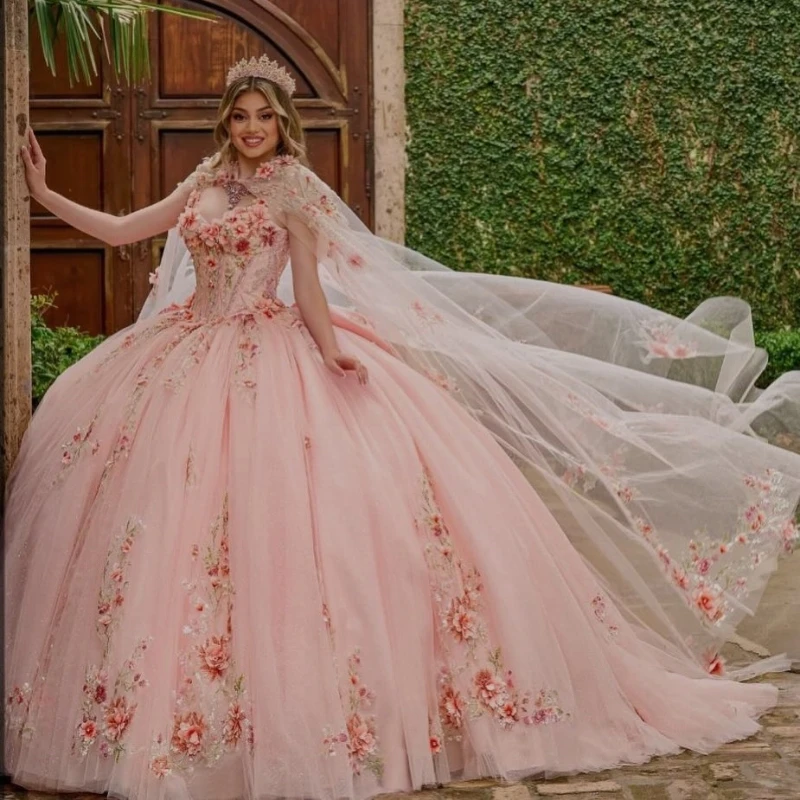 

Pink Quinceanera Dresses 2024 Ball Gown Sequins Appliques Lace Beading Tull With Cape Sweet 16 Dress Vestido De 15 Anos