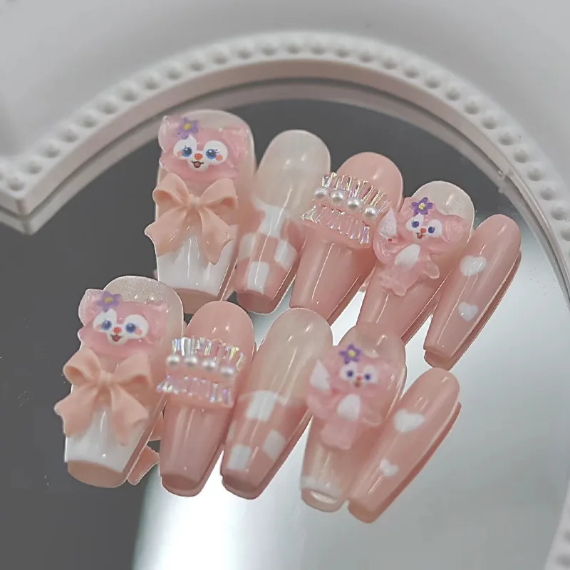 10pcs High Quality DIY Handmade 3D press on nails coffin pink cute cartoon animal manicure press on nails