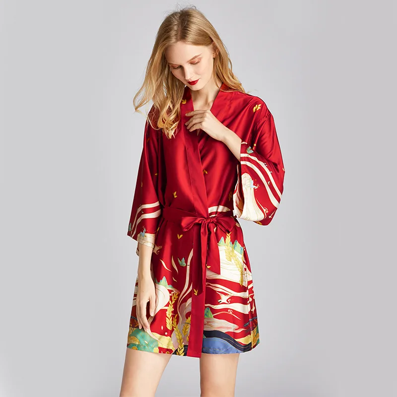 Sanderala Sexy Frauen Ice Silk Print Robe V Neck Belted Halbarm Nachtwäsche Satin Dressing Dessous Kleid Bademantel Hause Pyjamas