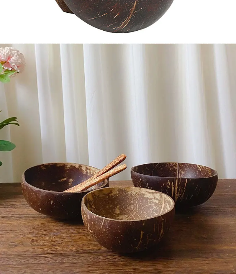 Natürliches Kokosnuss-Schalen-Set Handgefertigtes Holzgeschirr Holzlöffel Dessert-Obst-Salat-Mischschale Ramen-Aufbewahrungsschale Küchengeschirr – Detail 4