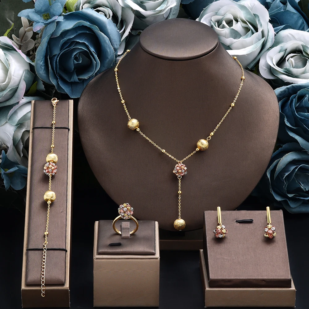 HIBRIDE New everyday fine jewelry gold color necklace earrings bracelet set of 4 for women's prom wedding Dress gift S-966