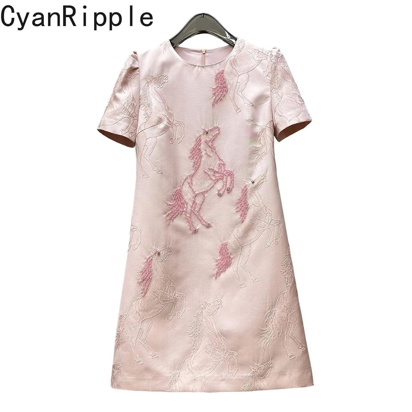 

High Quality New Spring Summer Pink Jacquard Short Sleeve Dress Embroidery Horse Beading Elegant Round Neck A-line Mini Dress