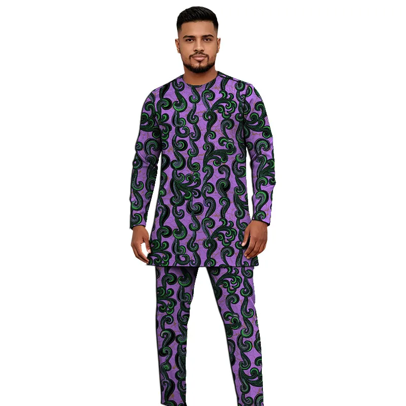 Tailored Service Men's Collarless Shirt Set Dashiki Print Top With Elastic Waist Pants Original Design African Couture