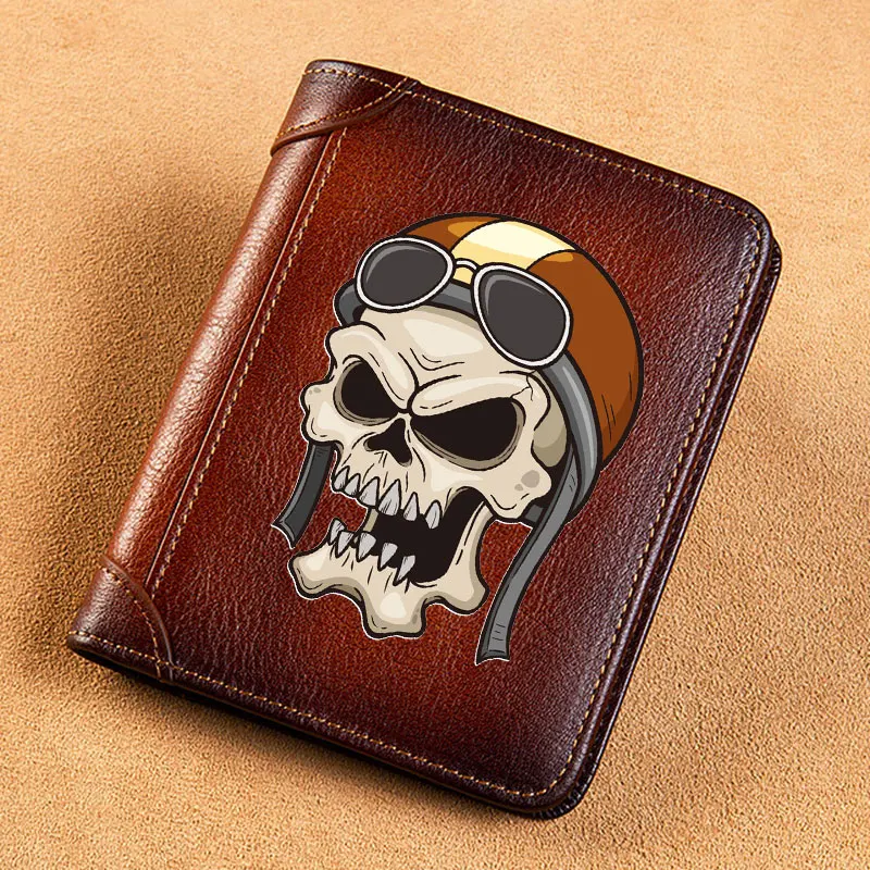 

High Quality Genuine Leather Men Wallets Pilot Skull Design Printing Short Card Holder Purse Luxury Brand Male Wallet