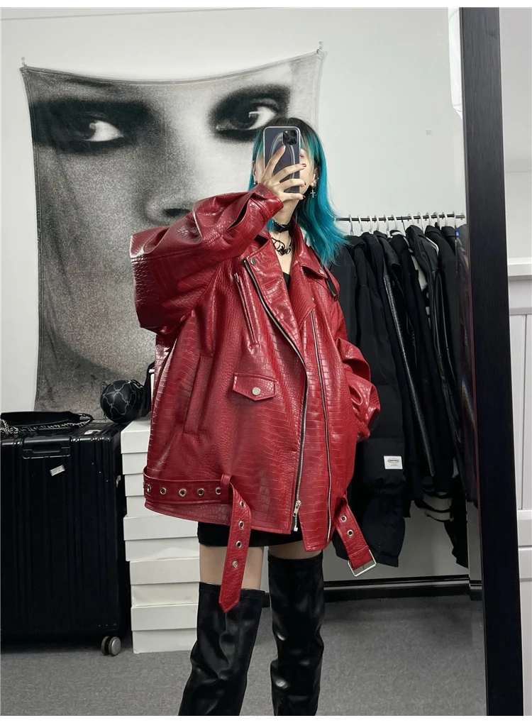Lautaro Spring Autumn Oversized Red Shiny Crocodile Pattern Leather Biker Jacket Women Long Sleeve Zipper Belt Cool Fashion 2022