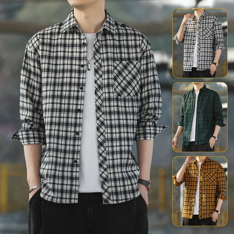 

Men's Fashionable Plaid Long Sleeve Shirt Spring Autumn Loose Comfortable Stylish Polyester Fiber Casual Versatile Top