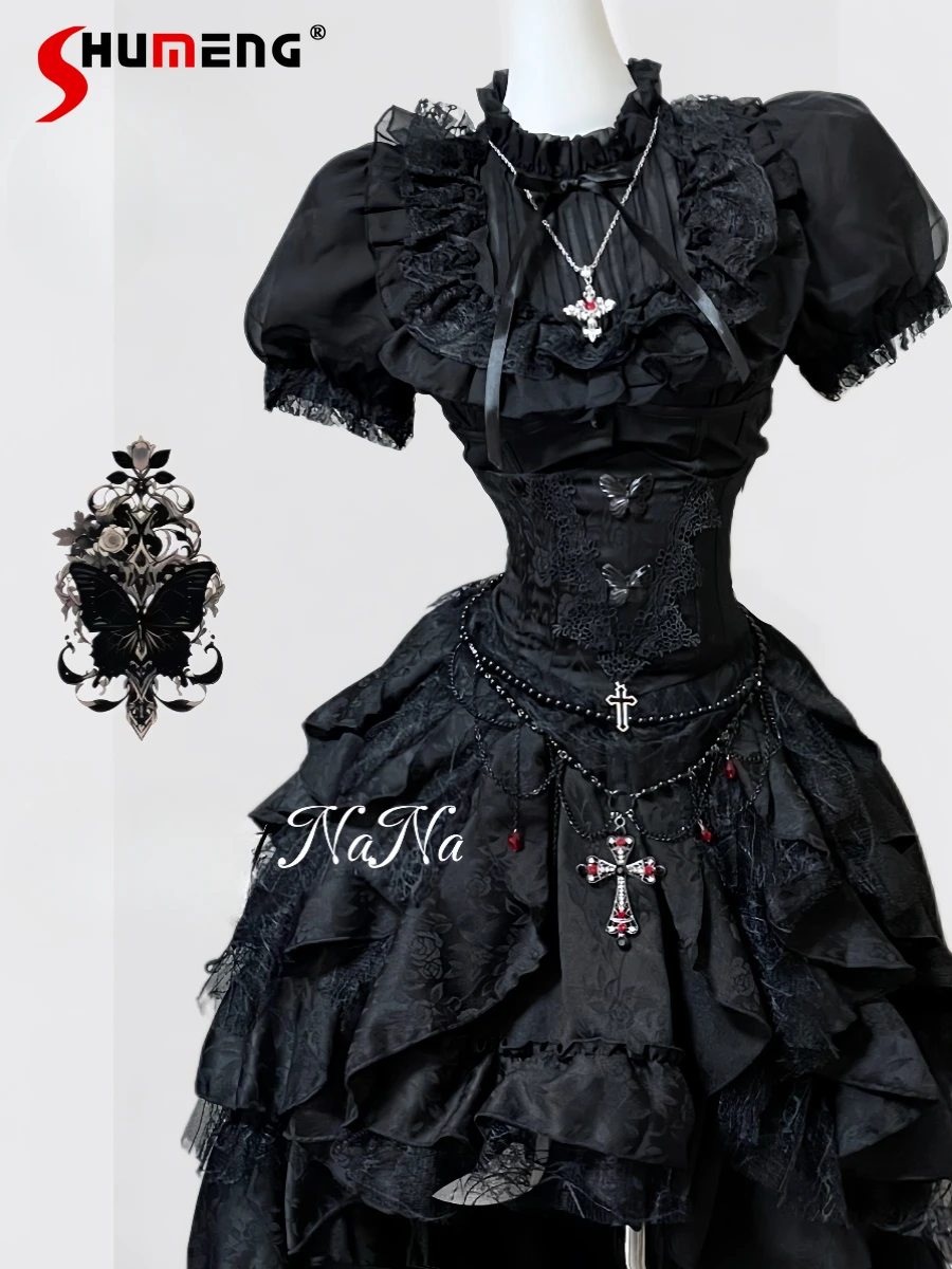 Women's Dark Gothic Vintage Lace Short Sleeve Shirt Lady High Waist Slim Irregular Heavy Industry Lolita Skirt Y2k Necklace 2024