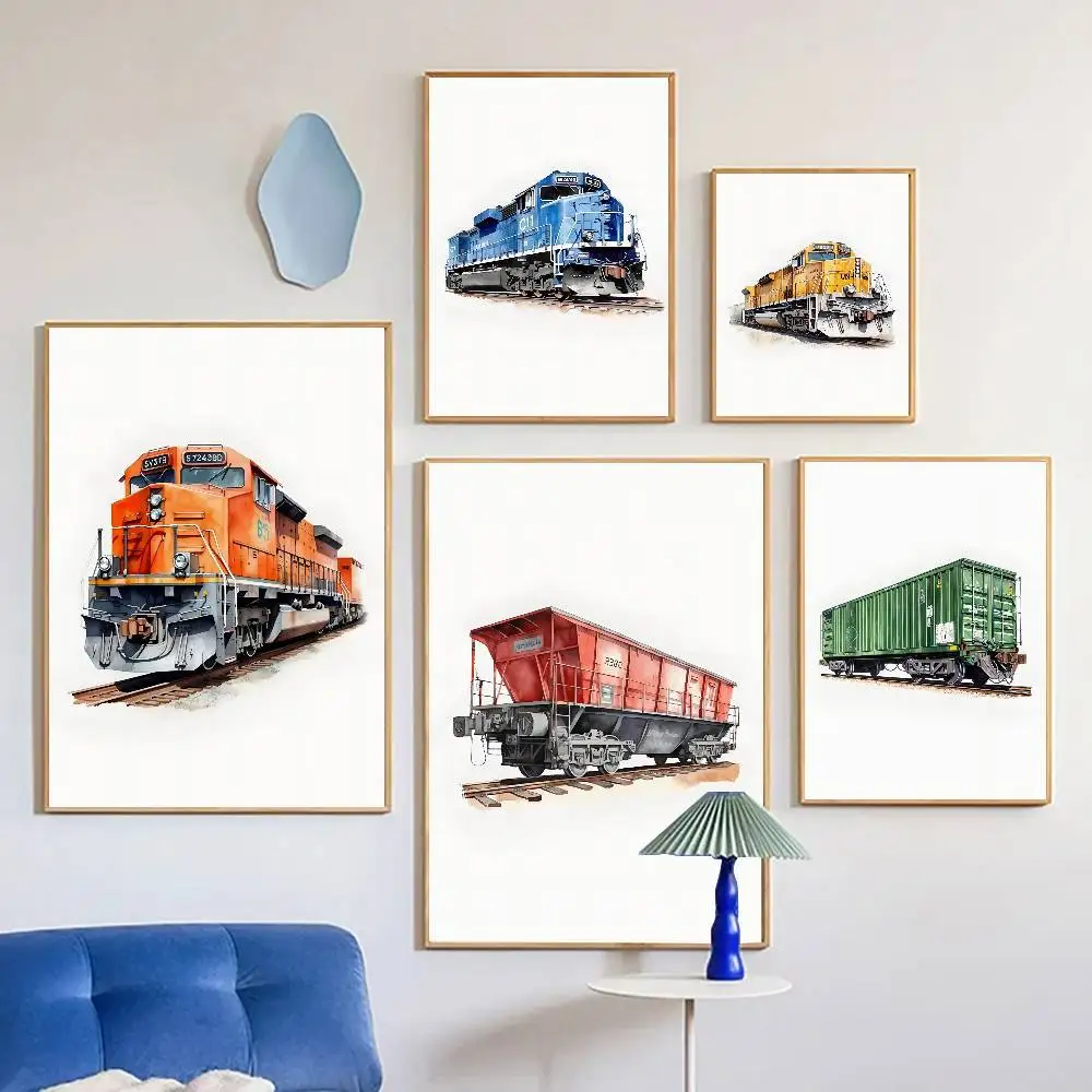 Watercolor Retro Steam Train Railroad Freight Car Poster Self-adhesive Art Room Entrance Restaurant Wall Decor Art Painting