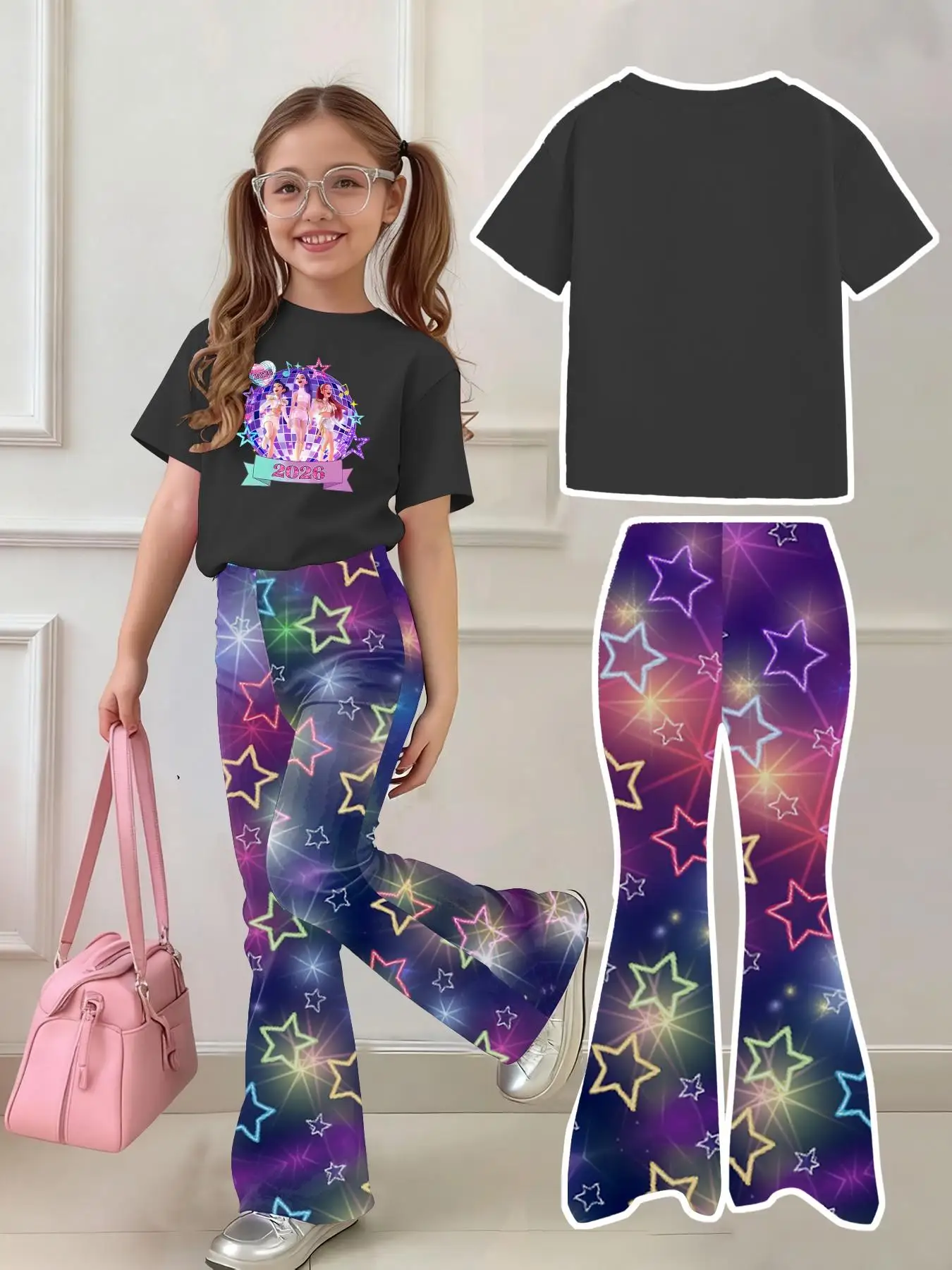 2026 Concert Outfit Girls 2 Piece Set Sparkle Star Crop Top & Black Flare Pants Kids Cute Clothing