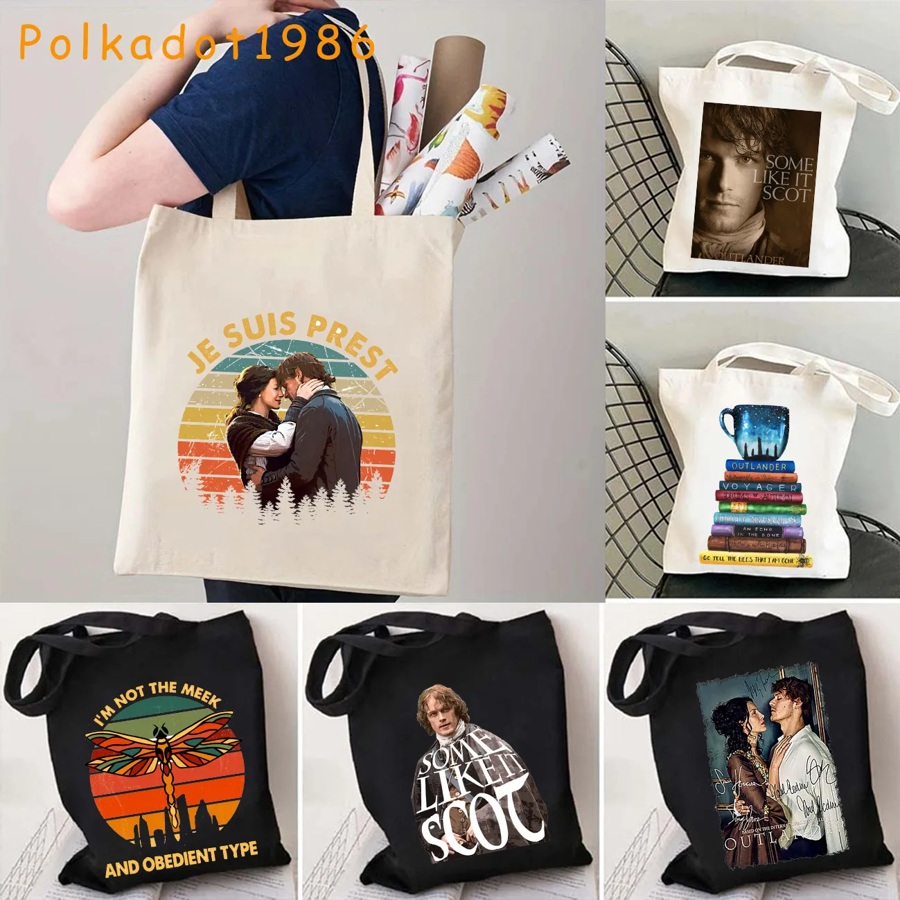 Outlander Jamie and Claire Fraser Printed Fan Gifts Women's Canvas Tote Shoulder Shopper Bag Girl Harajuku Shopping Bag Handbags